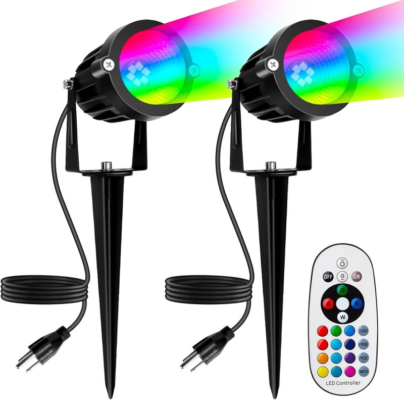 YDS Christmas Spotlights Outdoor, 12W RGBW Halloween Spot Lights with Remote, 120V Plug-in Color Changing LED Landscape Lighting with IP65 Waterproof for Yard Garden Tree Decor, 2 Pack - Image 1
